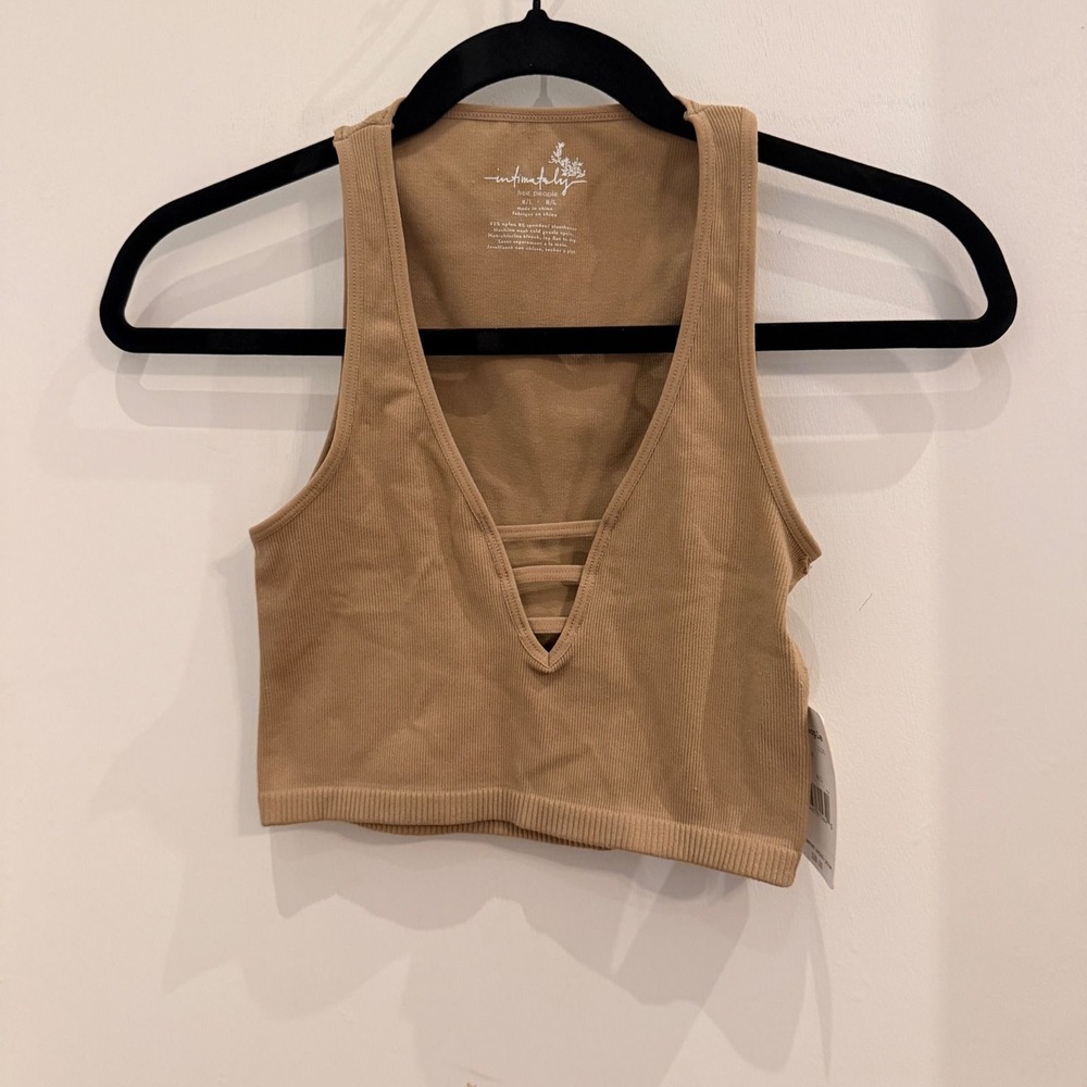 Free People Intimately Ali V-Neck Crop Top Nude Ribbed Boho Seamless Bralette - Picture 2 of 4